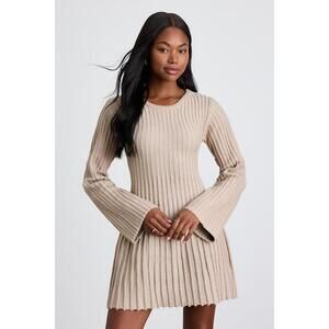 Lulus Convincing Poise Beige Ribbed Long Sleeve Skater Mini Dress - Size L